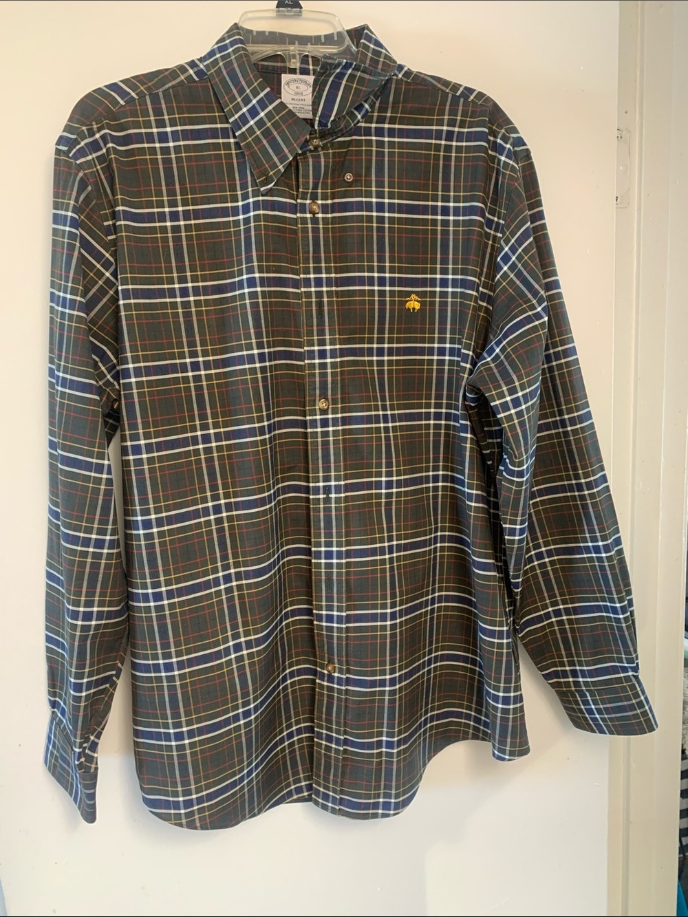 Brooks Brothers Dark Green and Blue Plaid Cotton Button-Down Shirt